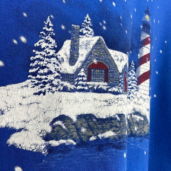 Jerzees Vintage Women’s Medium Sweatshirt Lighthouse Winter Snow Pullover Blue - Picture 3 of 6